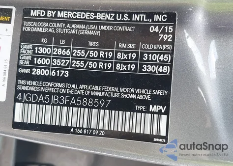 2015 Mercedes-Benz Ml 350 z USA, uszkodzony, nr VIN 4JGDA5JB3FA588597